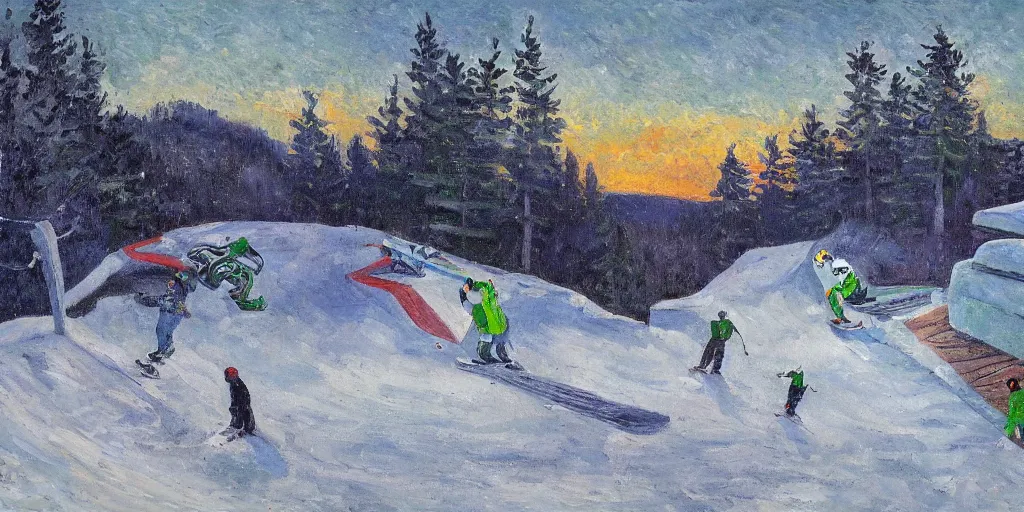 Image similar to pepe the frog snowboarding in terrain park, gloomy landscape, expressive oil painting by christopher radlund and camille pissaro