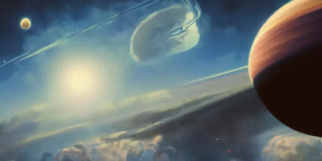 Image similar to blue dreamy cloudscape with a single planet in the clouds, daylight, cinematic lighting, cinematic perspective, syd mead, john harris, federico pelat,