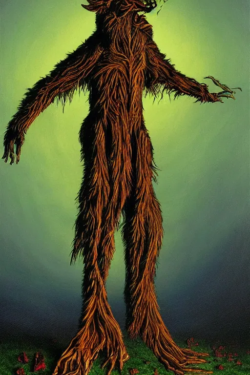 Image similar to Artwork by Tim White of Abe the Forgotten Beast, A towering humanoid composed of rose gold, with a gaunt appearance and a matted grey fur