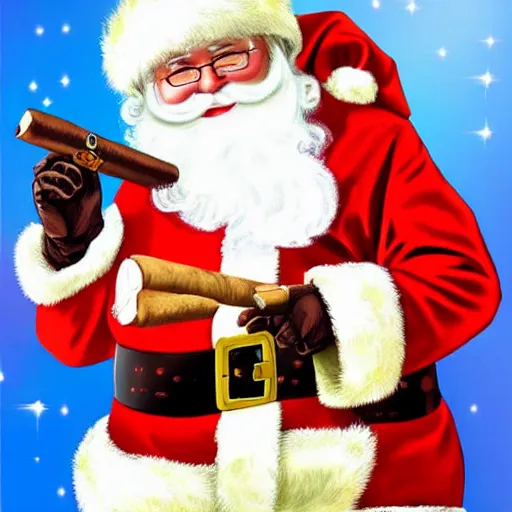 Prompt: really cool Santa holding a machine gun and smoking a cigar highly detailed digital art