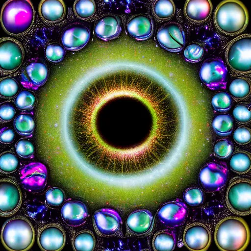 Image similar to an eyeball that contains multiple galaxies within the pupil, surrounded by a sea of iridescent pearls, in a dreamlike atmosphere, beautiful, dazzling, ultra hd 4k fractal intricate high detail render, high quality resolution