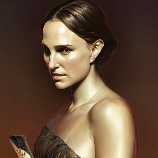 Image similar to an art nouveau portrait of natalie portman in dramatic lighting, depth of field background, artstation, award - winning realistic sci - fi concept art by jim burns and greg rutkowski, beksinski, a realism masterpiece, alphonse mucha,