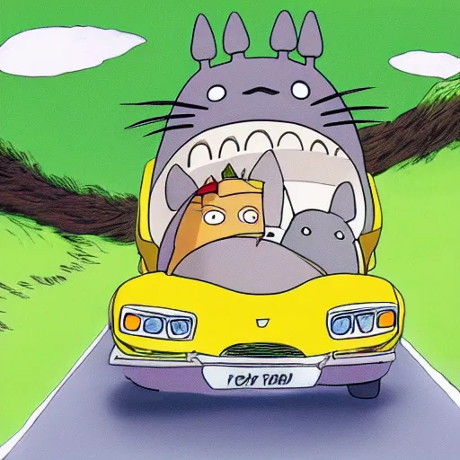 Prompt: totoro driving in a car, cartoon style,