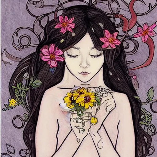 Image similar to cat smelling flowers, in the style of chiara bautista, mucha