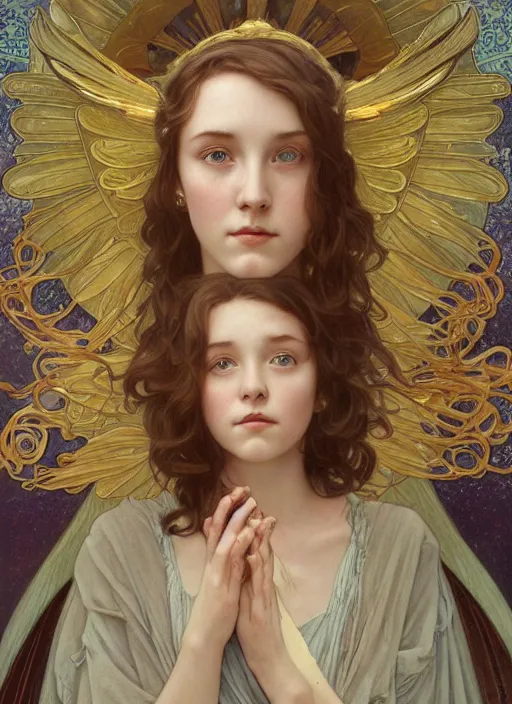 Prompt: realistic detailed painting of a 2 1 - year old girl who resembles millie bobby brown and saoirse ronan, as an angel with a golden halo, by alphonse mucha, ayami kojima amano, charlie bowater, karol bak, greg hildebrandt
