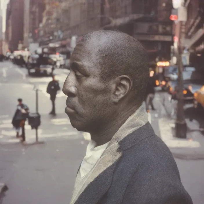 Prompt: medium format film candid portrait of a man in new york by street photographer from the 1 9 6 0 s, hasselblad film man portrait featured on unsplash, beautiful light damaged colour film,