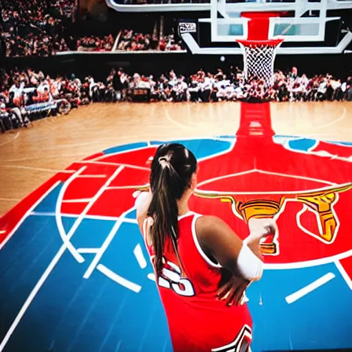 Prompt: woman shooting a basketball on court in a chicago bulls jersey