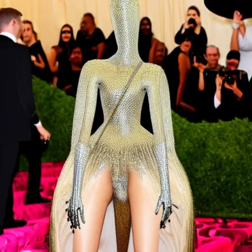 Image similar to A anthro metal fork at the Met Gala, female with a fork for a head