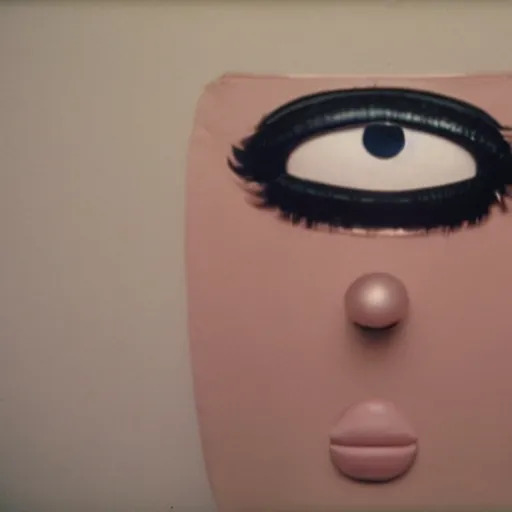 Image similar to glamorous woman with an inflatable spherical prosthetic nose, circular cardboard cartoon eyes, 1 9 7 2, color, chantal akerman, medium - shot 1 6 mm film, interior