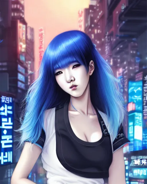 Prompt: a pretty korean girl with blue hair, dj sura face, wearing a female police uniform, cyberpunk night city street background, professionally retouched, soft lighting, feather hair, realistic, smooth face, perfect eyes, wide angle, sharp focus on eyes, 8 k high definition, insanely detailed, intricate, elegant, art by artgerm and greg rutkowski and j scott campbell