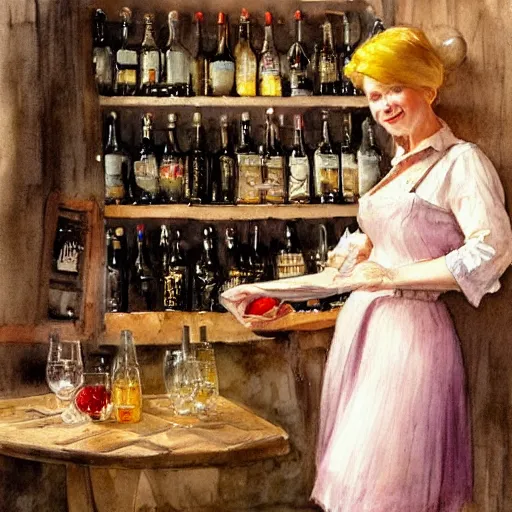 Image similar to hot blonde working in a wine cellar, food, pork, beer, schnapps, rustic, traditional, torches on the wall, watercolor by vladimir volegov and carl larsson