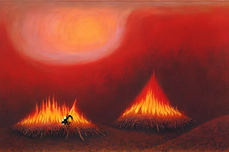 Image similar to zdzisław beksinski painting of a campsite with bonfire