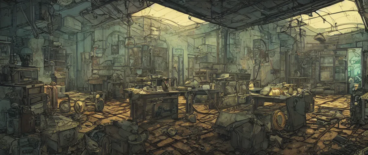 Image similar to abandoned laboroatory from cold war era faded out colors place mosquet painting digital illustration hdr stylized digital illustration video game icon global illumination ray tracing advanced technology that looks like it is from borderlands and by feng zhu and loish and laurie greasley, victo ngai, andreas rocha, john harris