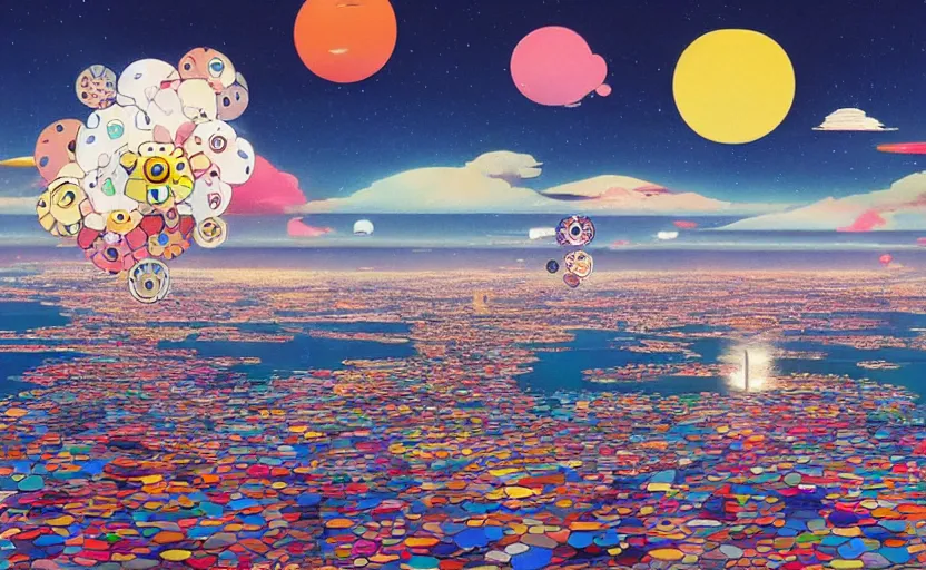 Image similar to a city floating above the sea by takashi murakami,, beeple and james jean, aya takano color style, 4 k, super detailed, night sky, digital art, digital painting, celestial, majestic, colorful