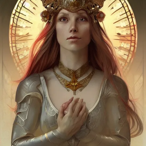 Image similar to A beautiful digital painting of a strong woman with blond haire, in a regal armor, princess, a ghostly bear behind her, D&D, fantasy, intricate, cinematic lighting, highly detailed, digital painting, Artstation, concept art, smooth, sharp focus, illustration, art by Artgerm and Greg Rutkowski, Alphonse Mucha and charlie bowater