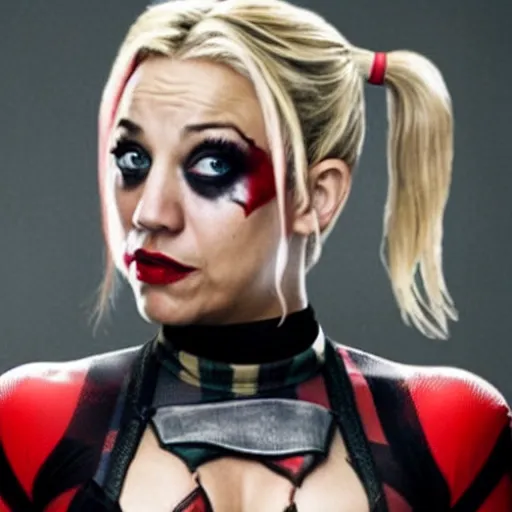 Image similar to A still of Kaley Cuoco as Harley Quinn