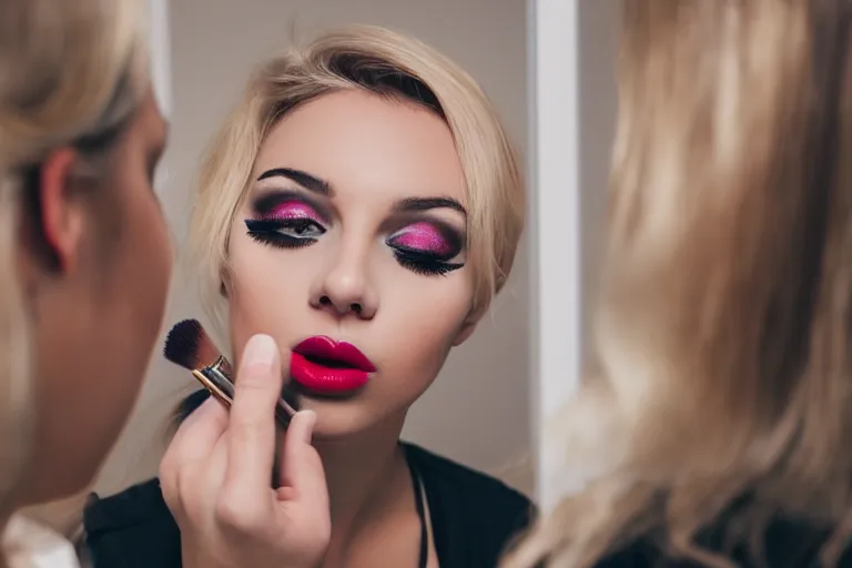 Image similar to young woman putting makeup on, holding lipstick and touching her lips with it, looking at mirror, blonde hair, sitting on a chair