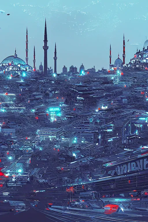 Image similar to skyline of istanbul, artstation, cyberpunk style