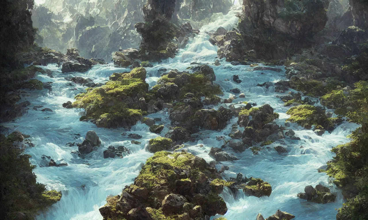 Image similar to Mountain river flows through a fantasy landscape gorge. A big blue lake in the middle of the mountains. Fabulous nature, amazing seascape, highly detailed, digital painting, artstation, concept art, smooth, sharp focus, illustration, art by greg rutkowski and alphonse mucha