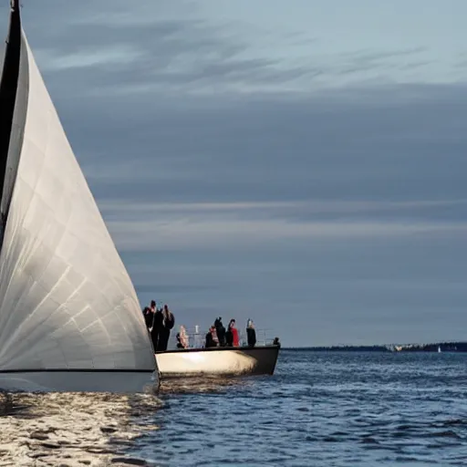 Prompt: erna solberg and ulf larsen sailing into the sunset