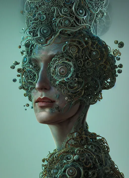 Image similar to highly detailed surreal vfx eldritch avante garde portrait of a 3 d non - euclidean hyperdimensional communications network, hyperrealistic, octane render, chiaroscuro, inspired by james jean, android jones, gerard brom, denis villeneuve, johannen voss, alphonse mucha, frostbite 3 engine