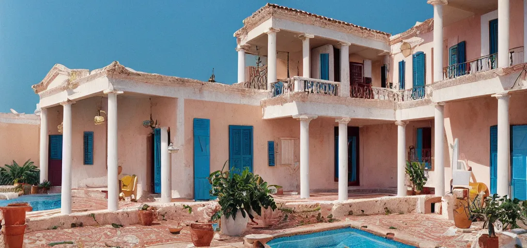 Prompt: large house in greece with multicolored portuguese tiles. photographed by wes anderson. fujinon premista 1 9 - 4 5 mm t 2. 9. portra 8 0 0.