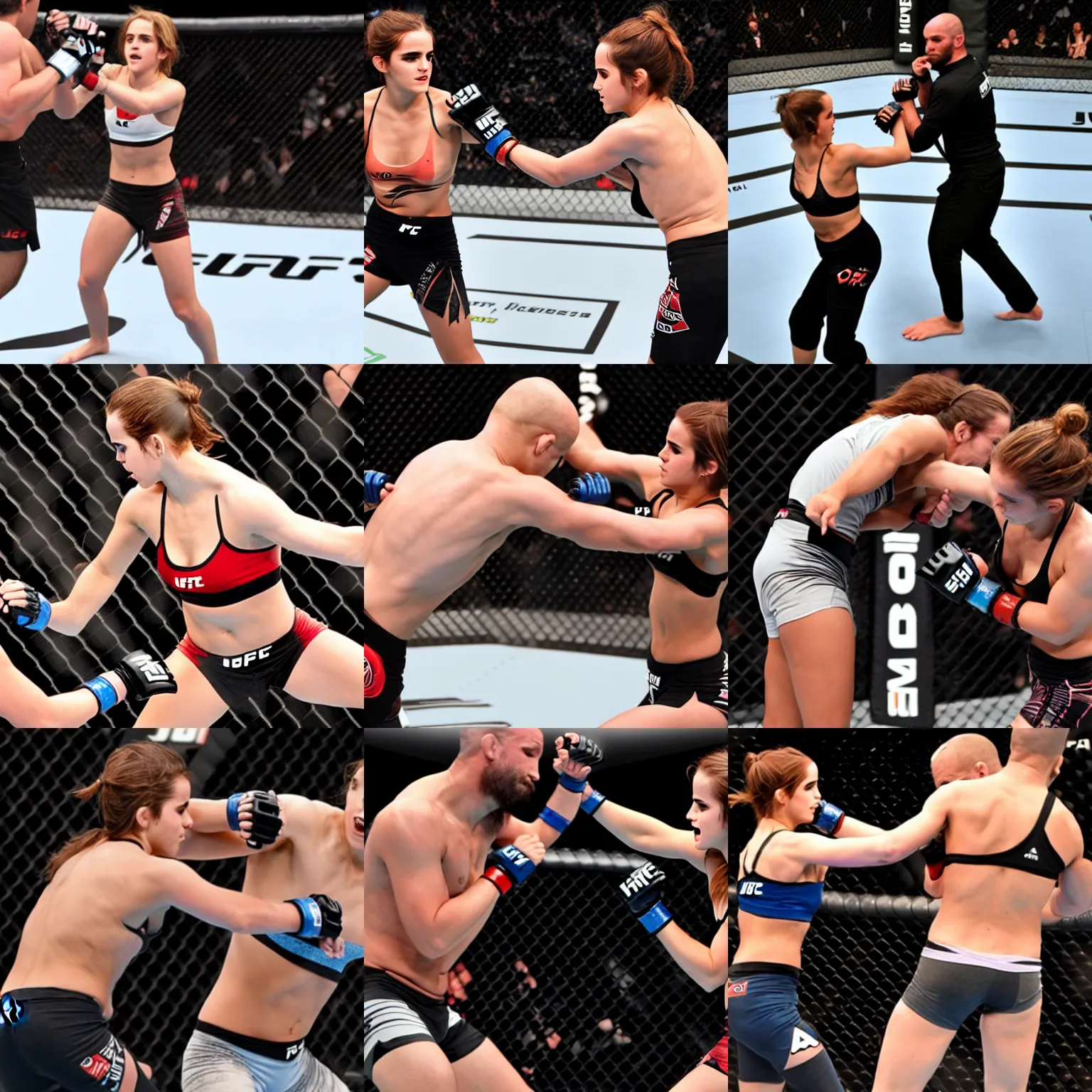 Prompt: emma watson fighting a professional ufc fighter, still from ufc fight, ultra realistic