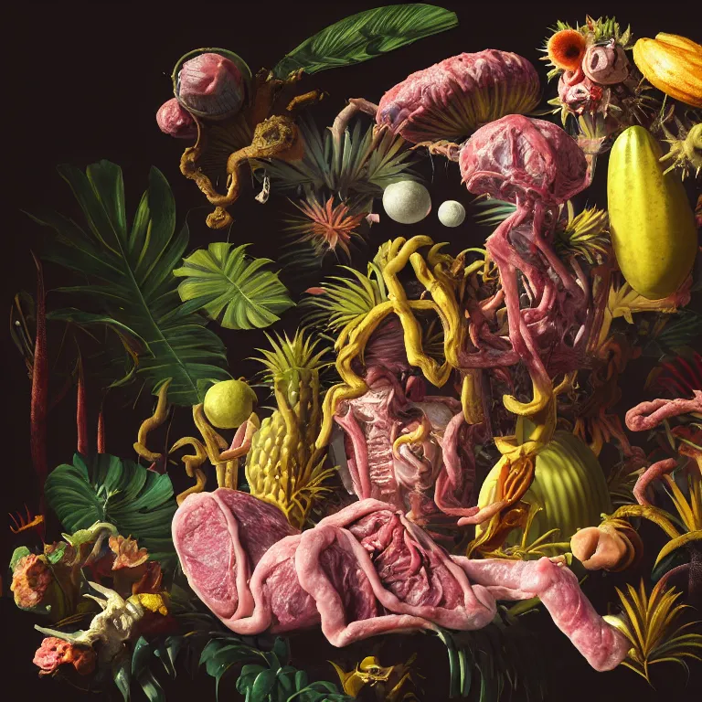 Prompt: still life of surreal alien pastel tropical flowers, rotten moldy meat flesh, colorful mold, surreal alien ribbed tropical fruit, white human spine, baroque painting, beautiful detailed intricate insanely detailed octane render, 8K artistic photography, photorealistic, chiaroscuro, Raphael, Caravaggio