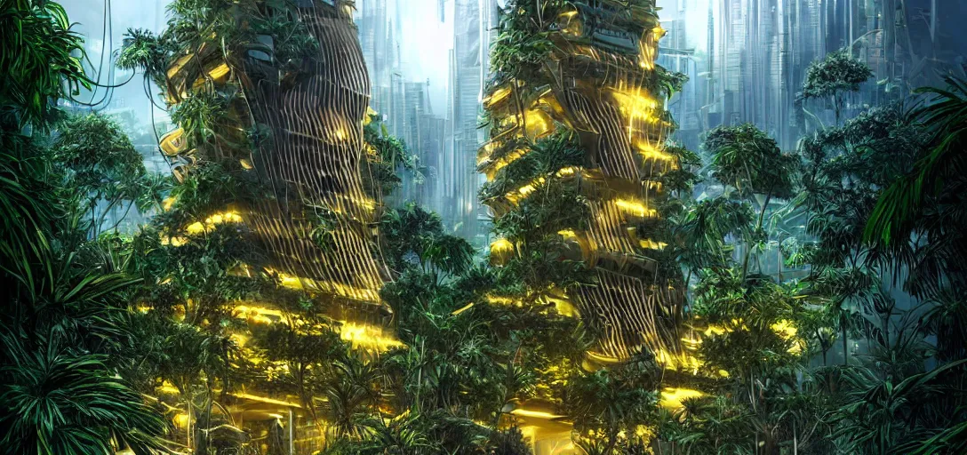 Image similar to futuristic shinny golden building in an jungle landscape of a biopunk city by artgerm, movie poster, film still