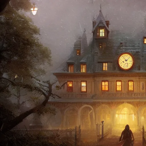 Image similar to clock house, magical world, by greg rutkowski, sung choi, photo realistic, 8 k, cinematic lighting, hd, atmospheric, hyperdetailed, trending on artstation, devainart, digital painting, glow effect