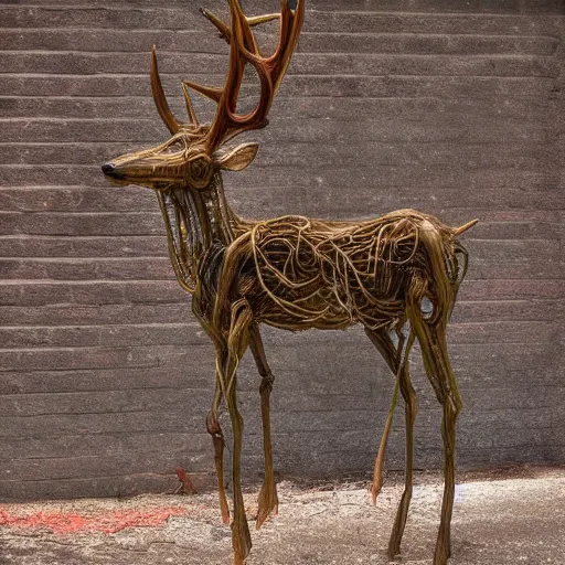 Prompt: hyperealistic sculpture of a deer with rusty pipes extruding from the body, body horror, mechanical bodies, scary, disturbing, eerie 8K, full hd