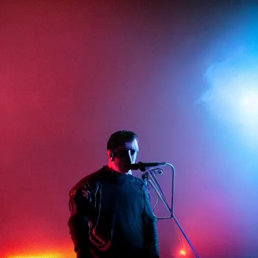 Prompt: dusty Trent Reznor, elaborate stage effects, dust, smoke, giant red LED screens, colored projections, ultrafine detail, goth cybersuit, glowing thin wires, smoke, high contrast, projections, associated press photo, masterpiece