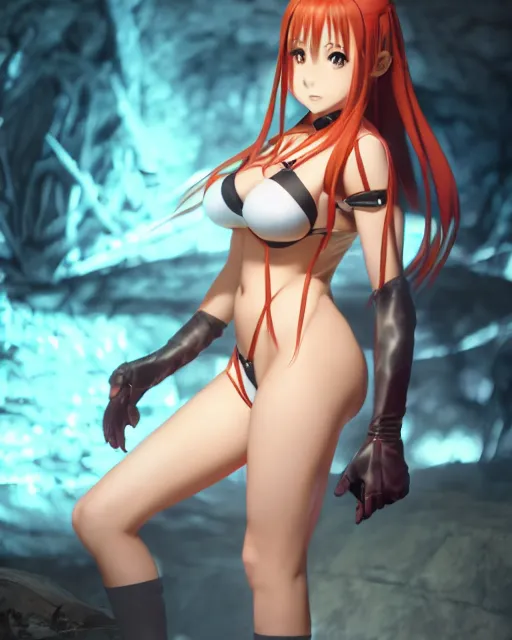 Image similar to pinup photo of asuna from sao in flame dungeon, asuna by a - 1 pictures, by greg rutkowski, gil elvgren, enoch bolles, glossy skin, pearlescent, anime, very coherent, maxim magazine, 3 d, vray, unreal 5, octave rendey, maya, cgsociety