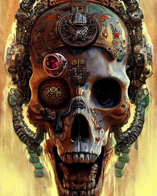 Prompt: digital painting of cyberpunk skull mayan god of death by filipe pagliuso and justin gerard symmetric fantasy highly detailed realistic intricate port