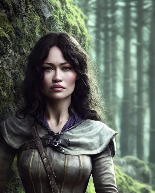 Prompt: 5 5 mm close up portrait photo of olga kurylenko as yennefer of vengerberg in black leather armor and black hair and purple eyes, in a forest. magical atmosphere. art by greg rutkowski. highly detailed 8 k. intricate. lifelike. soft light. nikon d 8 5 0.