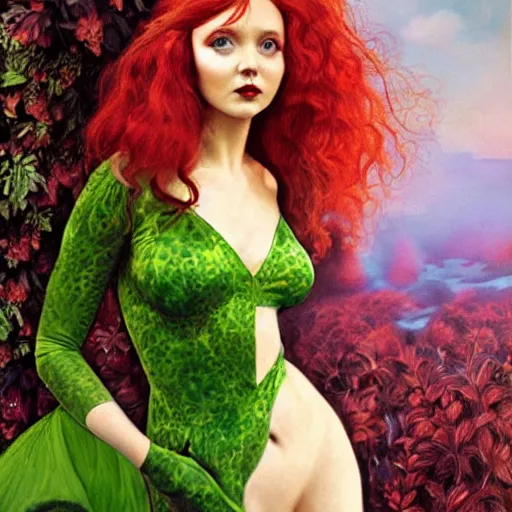 Image similar to portrait of lily cole as poison ivy, wearing a green dress and floral growths, epic details by alex ross