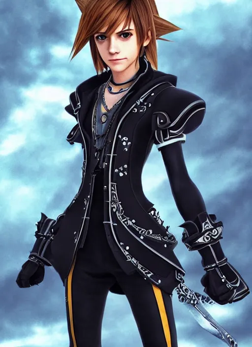 Image similar to Emma Watson as a kingdom hearts character, square enix painted official artwork, intricate, highly detailed, epic, awesome, dramatic lighting, patterns