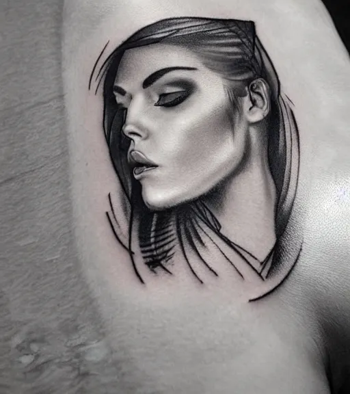 Image similar to tattoo design sketch of a beautiful woman face with a faded background of beautiful mountains and nature on her side, hyper - realistic, in the style of den yakovlev, amazing detail, black and white