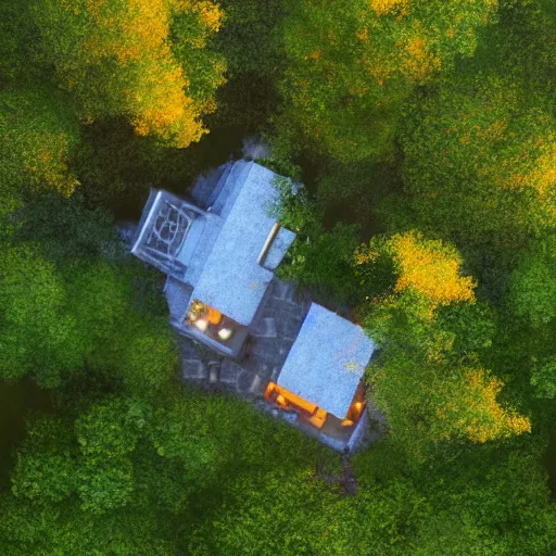 Prompt: cottage in clearing surrounded by trees, it is night, the windows are lit, concept art, aerial view, top down, drone, stylized