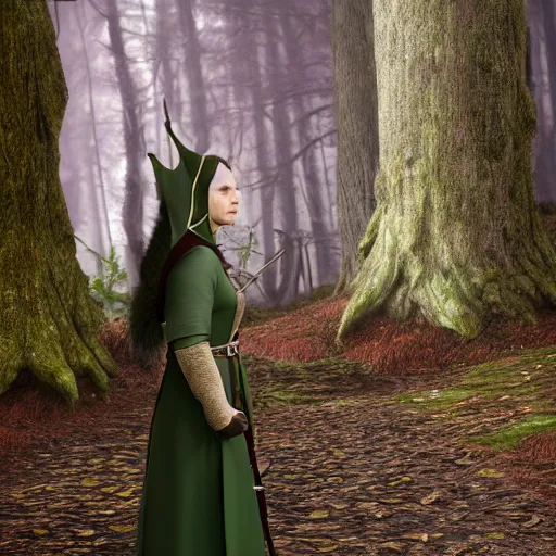 Image similar to anya charlota as a medieval fantasy tolkien elf, dark purplish hair tucked behind ears, wearing a green tunic with a fur lined collar and brown leather armor, wide, muscular build, scar across nose, one black, scaled arm, cinematic, character art, digital art, forest background, realistic. 8 k, 3 d render, detailed.