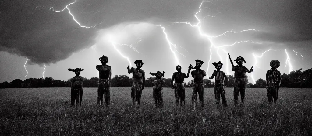 Image similar to 1 3 mm film photograph of a group of clowns in a field holding machetes, liminal, dark, thunderstorm lightning, dark, flash on, blurry, grainy, unsettling