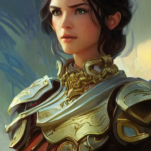 Image similar to portrait of a female paladin, D&D, fantasy, highly detailed, digital painting, artstation, smooth, sharp focus, illustration, art by artgerm and greg rutkowski and alphonse mucha