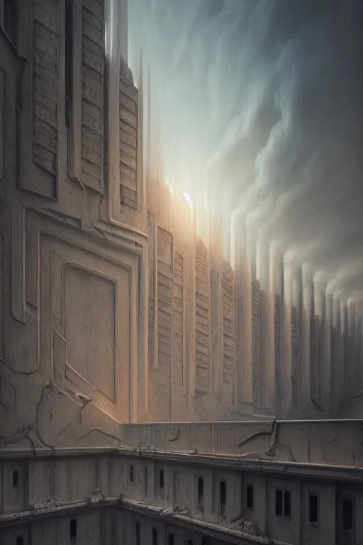 Image similar to sci - fi concrete baroque rococo architecture in hell, zaha hadid, beksinski, oil painting, photoreal, highly detailed, 8 k, hd, vray, artstation, cinematic matte painting, extreme detail photo quality, sunset, featured on behance