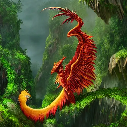 Prompt: a feather dragon with wings spread out and an open mouth flying over high cliffs and jungles with large trees and vines, fantasy, 8k, realistic