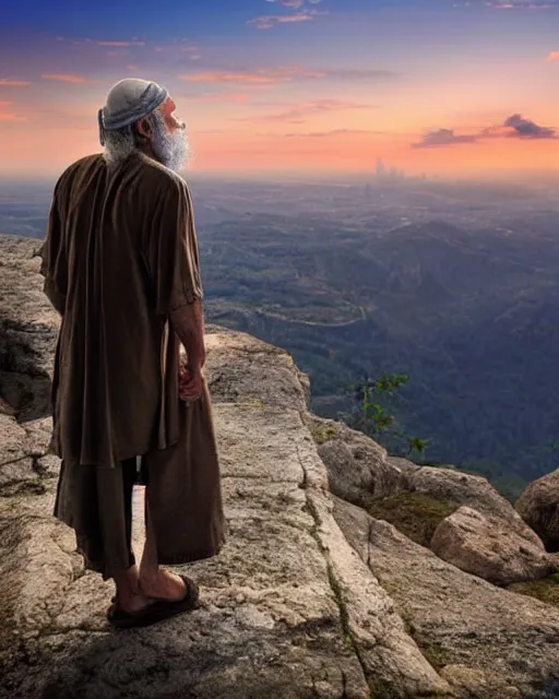 Prompt: an ancient jewish man looking over a strikingly beautiful stunning nature horizon, very realistic, highly detailed, photorealistic, dusk, cheerful, happy