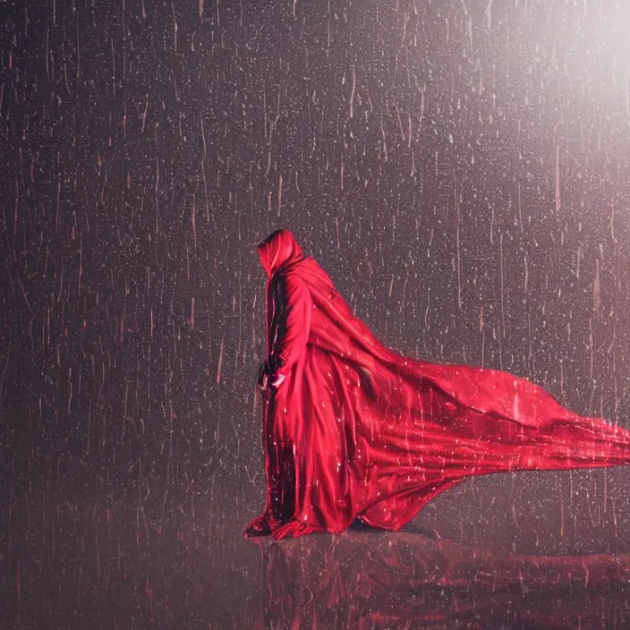 Prompt: a person enveloped in red silk cloth that blows in the wind stands in a dytopian highly detailed city at night, with volumetric lights in the distance and rain falling. atmospheric light, rendering, octane, redshift