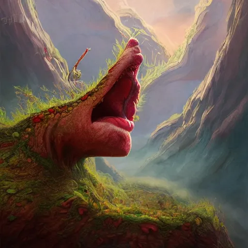 Image similar to giant mouth eats the earth, acrilic paint, digital, artstation, detailed intricate ink illustration, heavenly atmosphere, digital art, overdetailed art, concept art, complementing colors, trending on artstation, cgstudio, the most beautiful image ever created, dramatic, subtle, details, award winning artwork, beautiful scenery