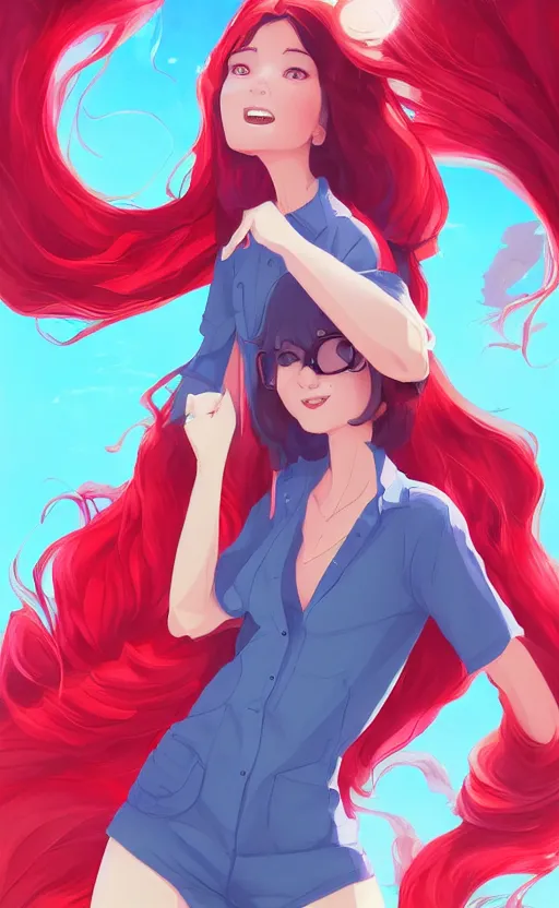 Image similar to lois van baarle, artgerm, helen huang, by makoto shinkai and ilya kuvshino, rossdraws, illustration, art by ilya kuyshuno. cute scarlet red haired cyborg woman, steel gray body, denim shorts, at beach at sunset, beautiful face, smile, elegant, exaggerated proportions, looking at camera