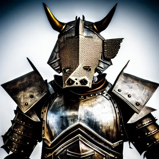 Image similar to photo of a warrior with metal rhinoceros themed armour, highly detailed, 4 k, hdr, smooth, sharp focus, high resolution, award - winning photo