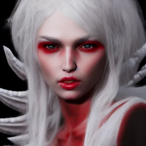 Image similar to a highly detailed beautiful portrait of a humanoid demon girl with white hair, red horns, in white clothes, artstation, deviantart, professional, unreal engine 5, photorealistic